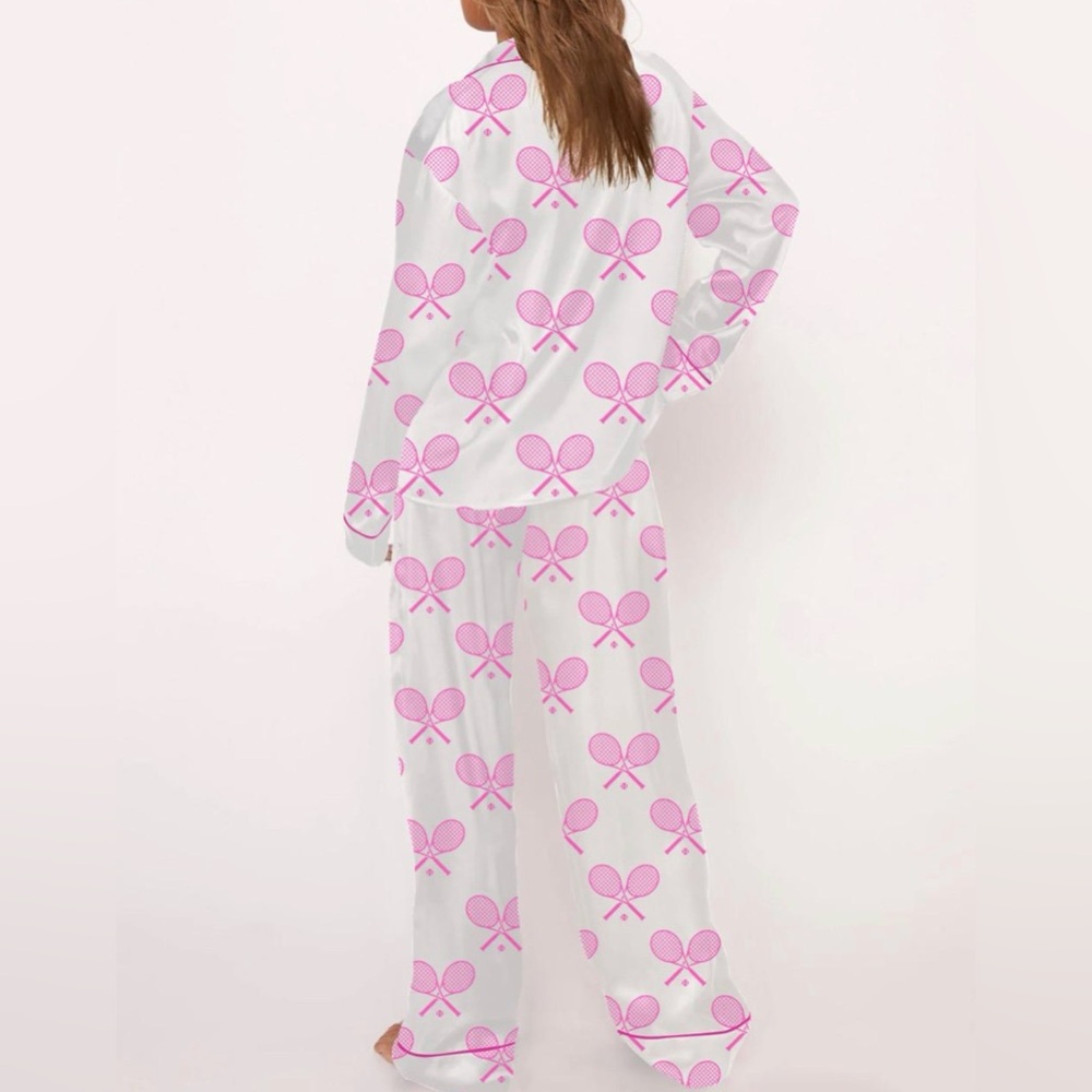 Women's White and Pink Tennis Print Pajama Set size medium - Picture 3 of 4